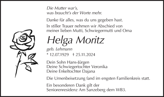 Traueranzeige von Helga Moritz von Lausitzer Rundschau