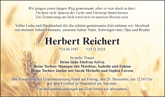 Traueranzeige von Herbert Reichert von Lausitzer Rundschau