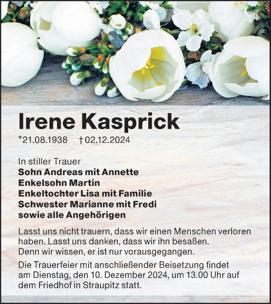 Traueranzeige von Irene Kasprick von Lausitzer Rundschau