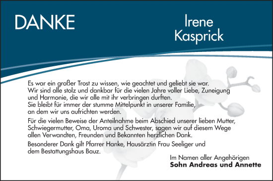 Traueranzeige von Irene Kasprick von Lausitzer Rundschau