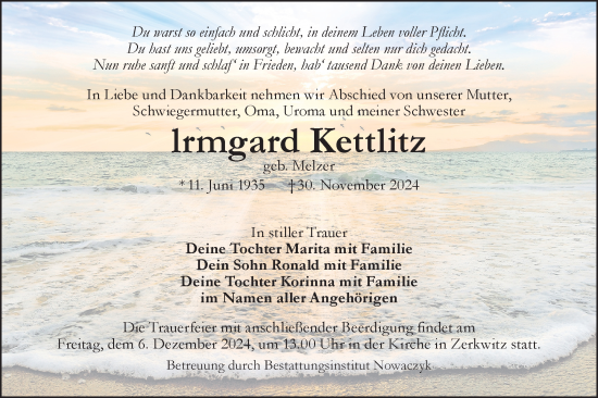 Traueranzeige von Irmgard Kettlitz von Lausitzer Rundschau