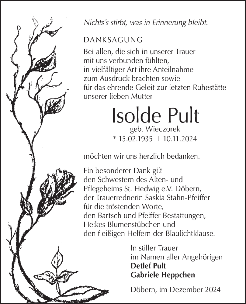  Traueranzeige für Isolde Pult vom 21.12.2024 aus Lausitzer Rundschau