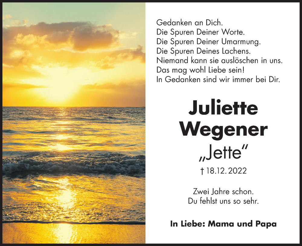 Traueranzeige für Juliette Wegener vom 18.12.2024 aus Lausitzer Rundschau