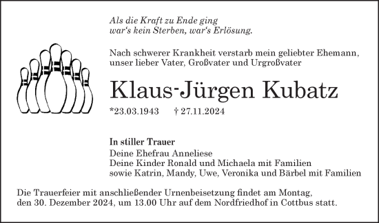 Traueranzeige von Klaus-Jürgen Kubatz von Lausitzer Rundschau