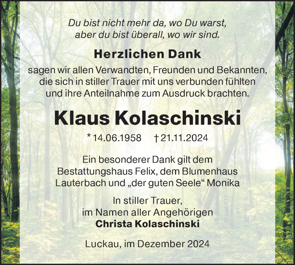  Traueranzeige für Klaus Kolaschinski vom 21.12.2024 aus Lausitzer Rundschau