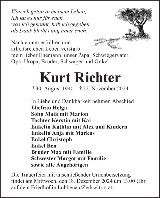 Traueranzeige von Kurt Richter von Lausitzer Rundschau