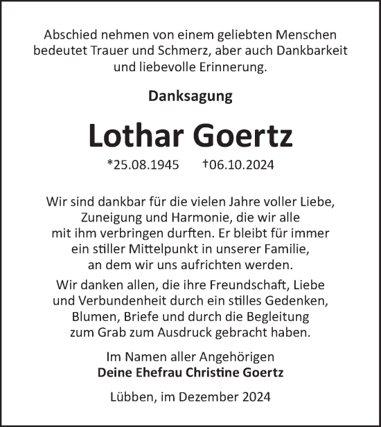 Traueranzeige von Lothar Goertz von Lausitzer Rundschau