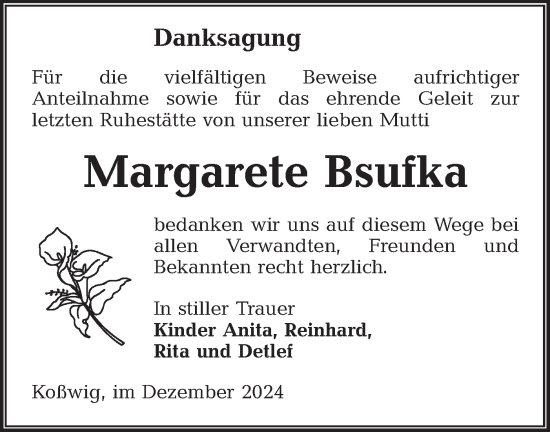 Traueranzeige von Margarete Bsufka von Lausitzer Rundschau