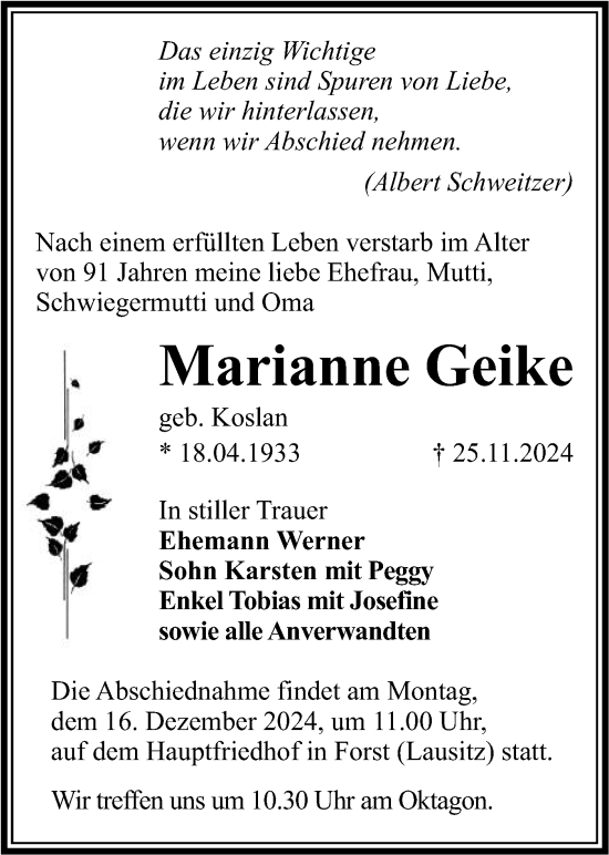 Traueranzeige von Marianne Geike von Lausitzer Rundschau