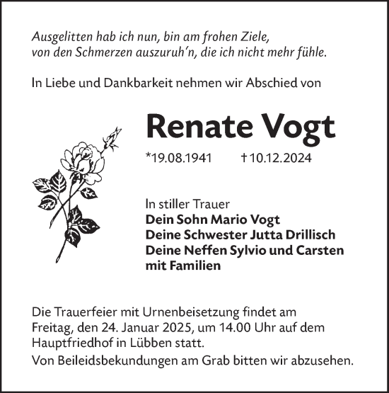 Traueranzeige von Renate Vogt von Lausitzer Rundschau