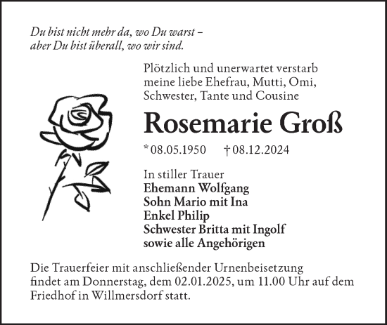 Traueranzeige von Rosemarie Groß von Lausitzer Rundschau