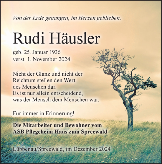 Traueranzeige von Rudi Häusler von Lausitzer Rundschau