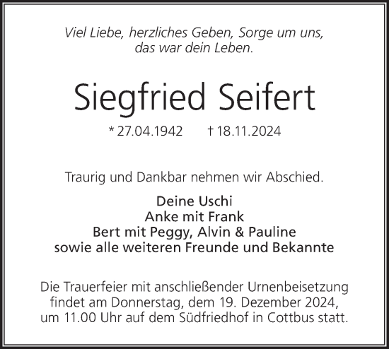 Traueranzeige von Siegfried Seifert von Lausitzer Rundschau