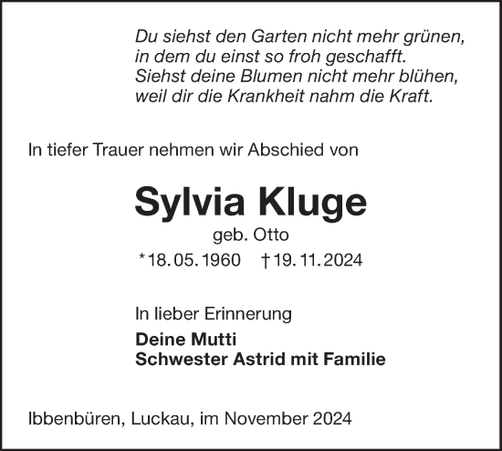 Traueranzeige von Sylvia Kluge von Lausitzer Rundschau