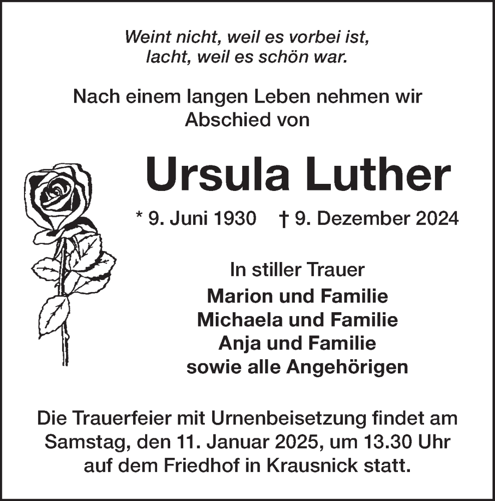  Traueranzeige für Ursula Luther vom 28.12.2024 aus Lausitzer Rundschau