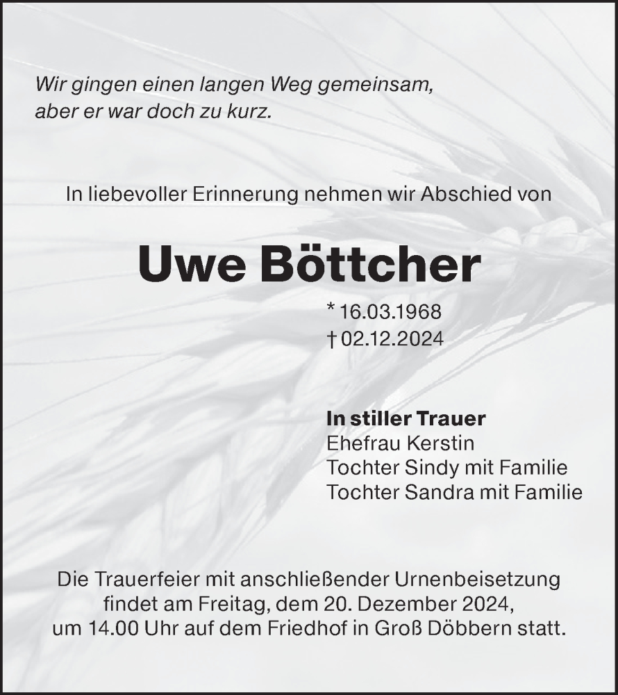  Traueranzeige für Uwe Böttcher vom 14.12.2024 aus Lausitzer Rundschau