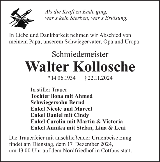 Traueranzeige von Walter Kollosche von Lausitzer Rundschau