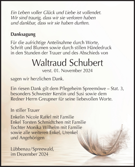 Traueranzeige von Waltraud Schubert von Lausitzer Rundschau