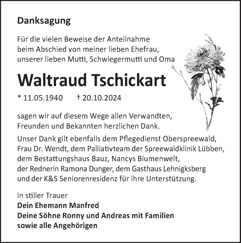  Traueranzeige für Waltraud Tschickart vom 07.12.2024 aus Lausitzer Rundschau