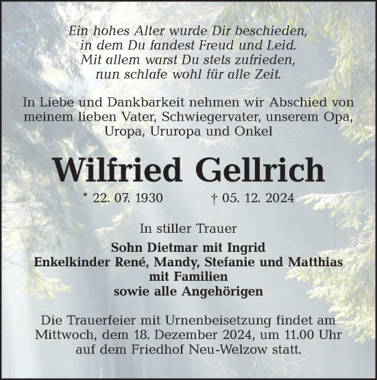 Traueranzeige von Wilfried Gellrich von Lausitzer Rundschau