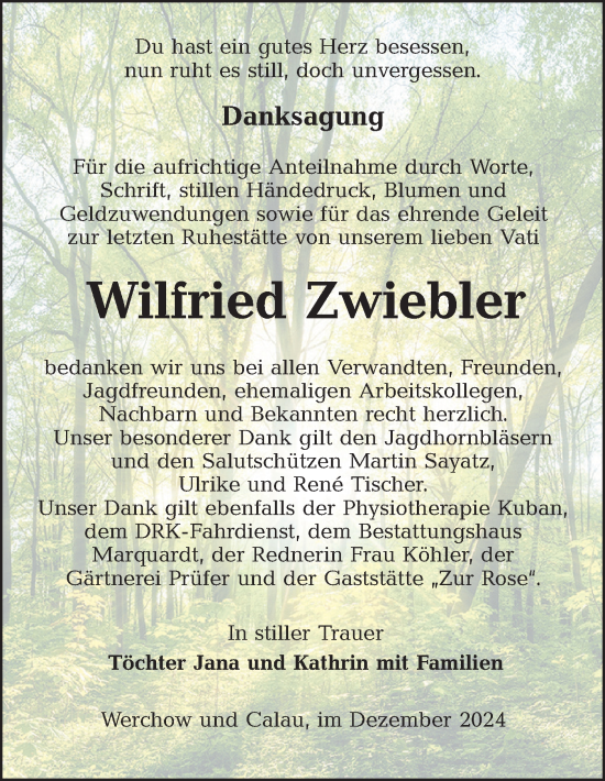 Traueranzeige von Wilfried Zwiebler von Lausitzer Rundschau