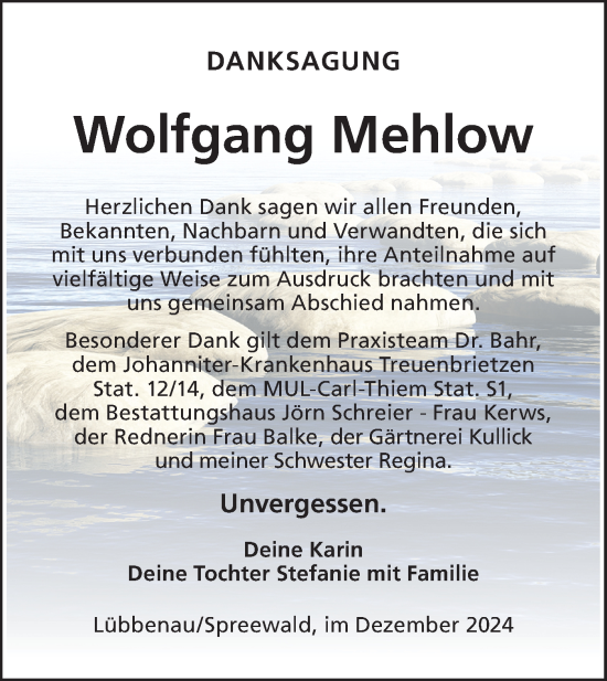 Traueranzeige von Wolfgang Mehlow von Lausitzer Rundschau