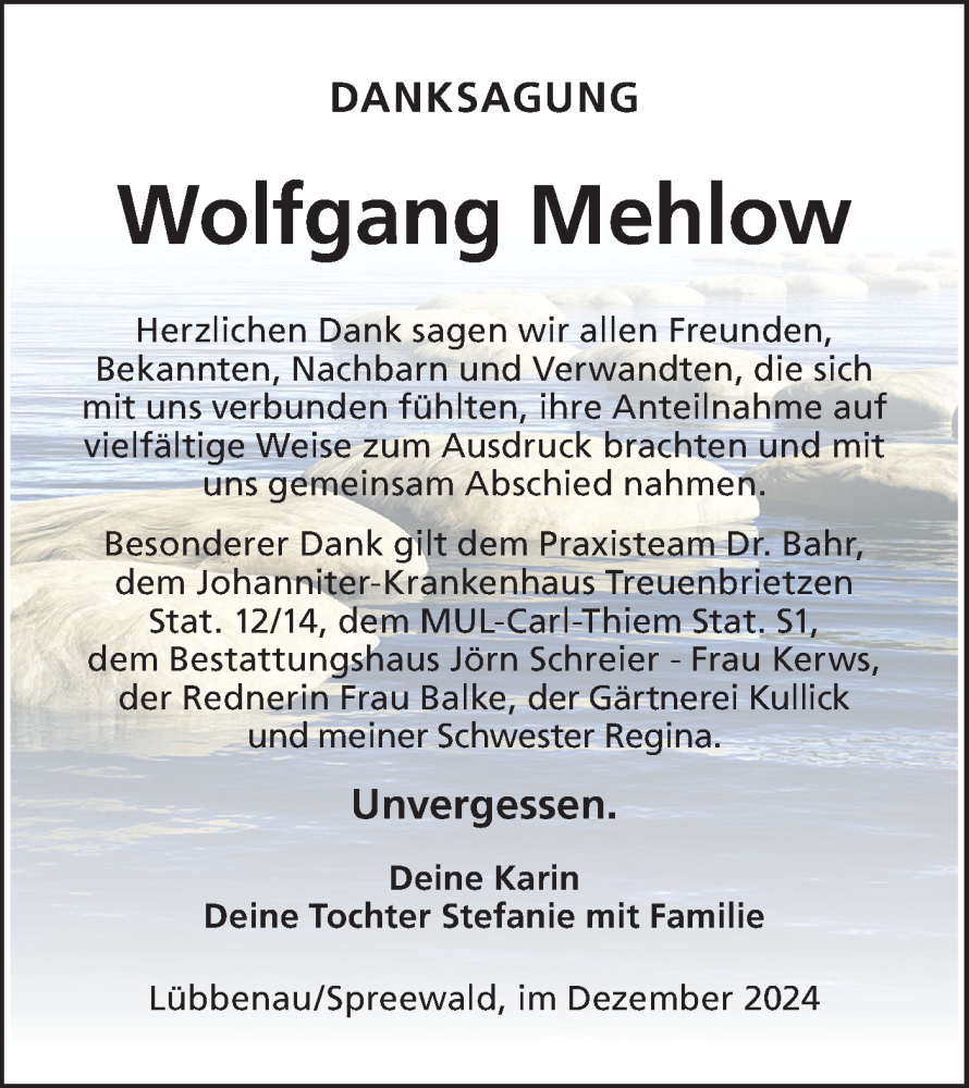  Traueranzeige für Wolfgang Mehlow vom 14.12.2024 aus Lausitzer Rundschau