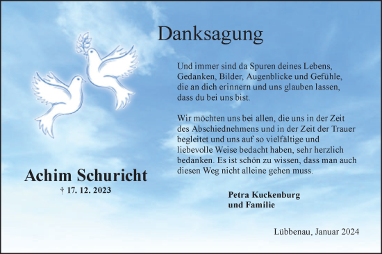 Traueranzeige von Achim Schuricht von Lausitzer Rundschau