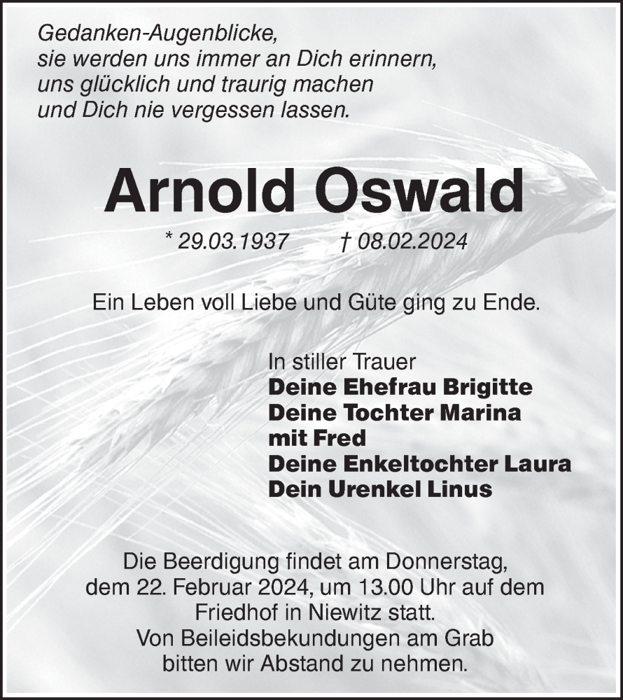  Traueranzeige für Arnold Oswald vom 13.02.2024 aus Lausitzer Rundschau