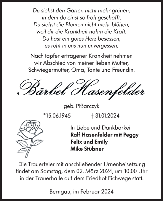 Traueranzeige von Bärbel Hasenfelder von Lausitzer Rundschau