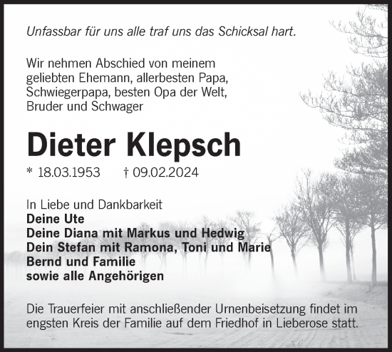 Traueranzeige von Dieter Klepsch von Lausitzer Rundschau