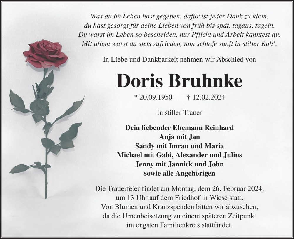  Traueranzeige für Doris Bruhnke vom 24.02.2024 aus Lausitzer Rundschau