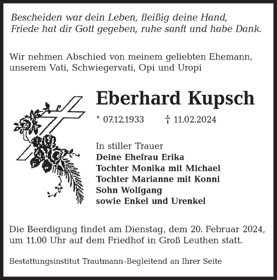 Traueranzeige von Eberhard Kupsch von Lausitzer Rundschau