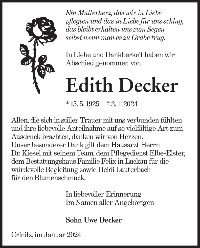  Traueranzeige für Edith Decker vom 10.02.2024 aus Lausitzer Rundschau