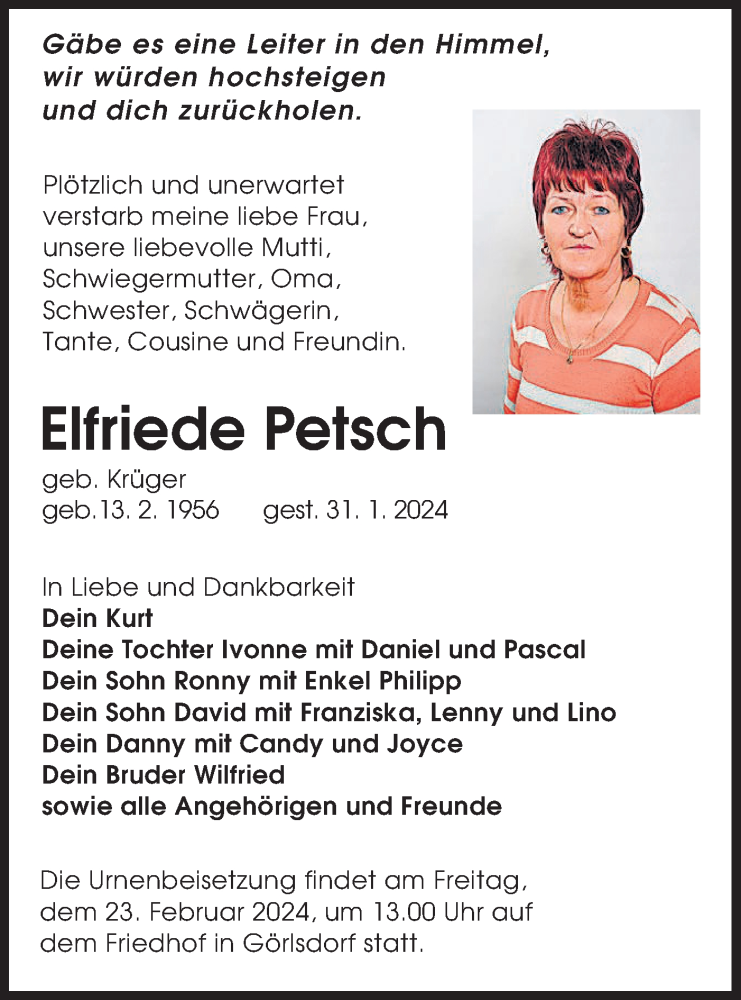  Traueranzeige für Elfriede Petsch vom 10.02.2024 aus Lausitzer Rundschau
