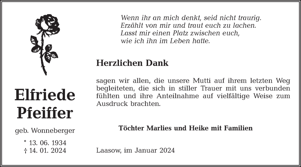  Traueranzeige für Elfriede Pfeiffer vom 17.02.2024 aus Lausitzer Rundschau