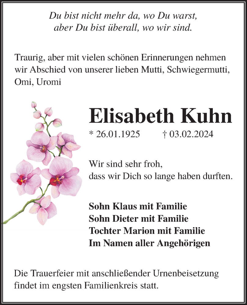  Traueranzeige für Elisabeth Kuhn vom 10.02.2024 aus Lausitzer Rundschau
