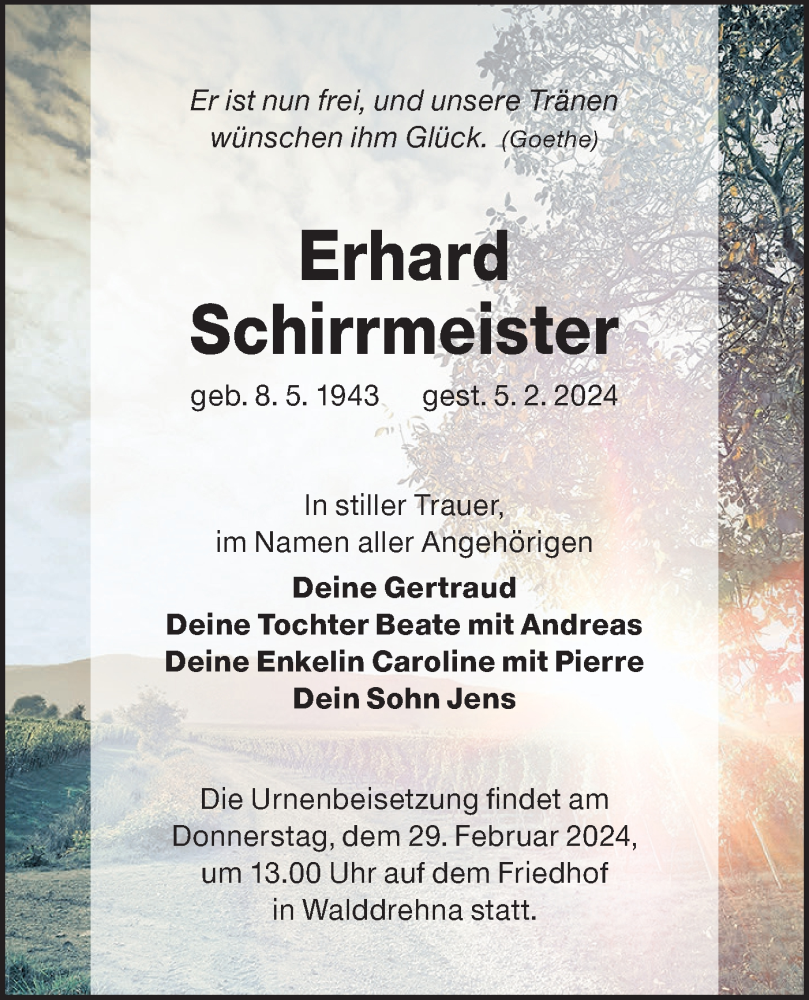  Traueranzeige für Erhard Schirrmeister vom 10.02.2024 aus Lausitzer Rundschau