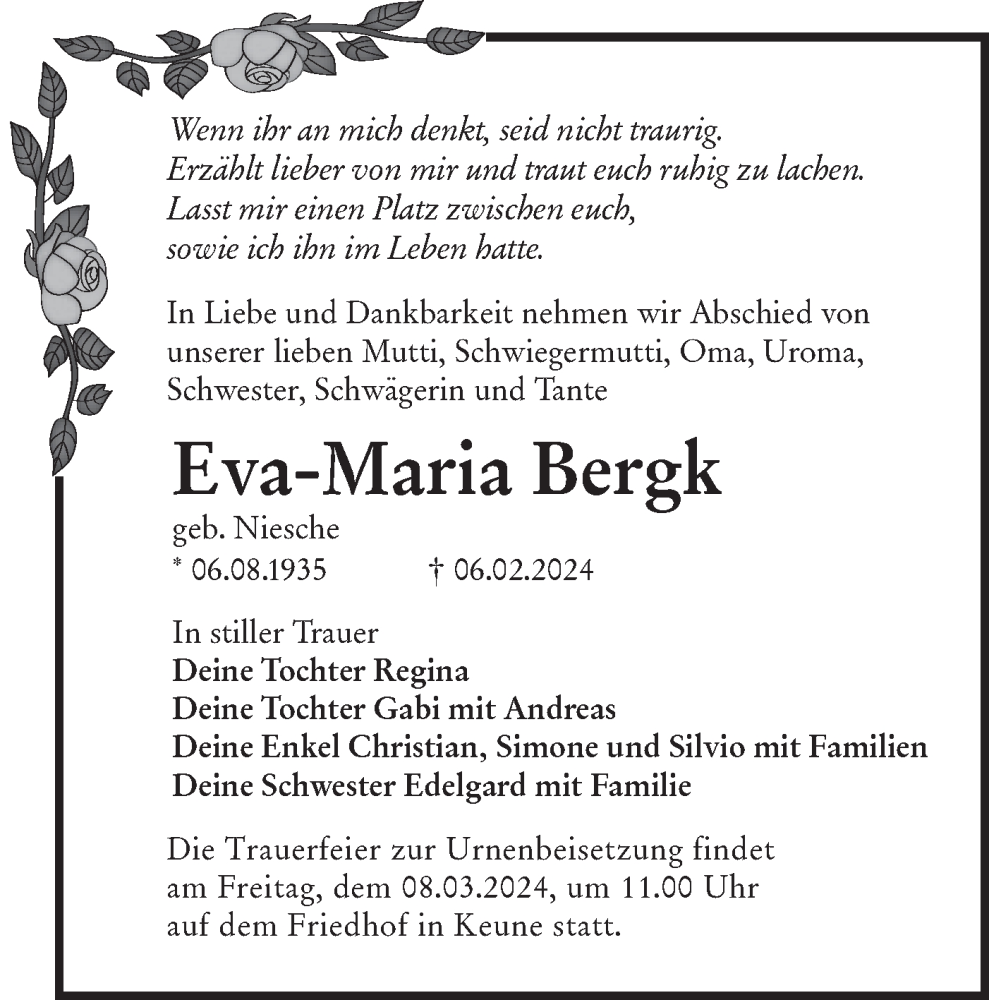  Traueranzeige für Eva-Maria Bergk vom 24.02.2024 aus Lausitzer Rundschau