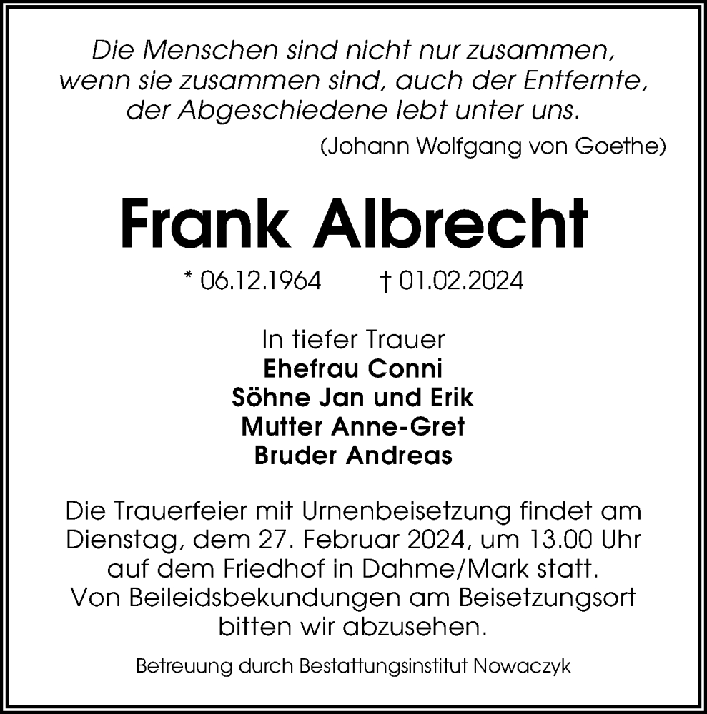  Traueranzeige für Frank Albrecht vom 10.02.2024 aus Lausitzer Rundschau