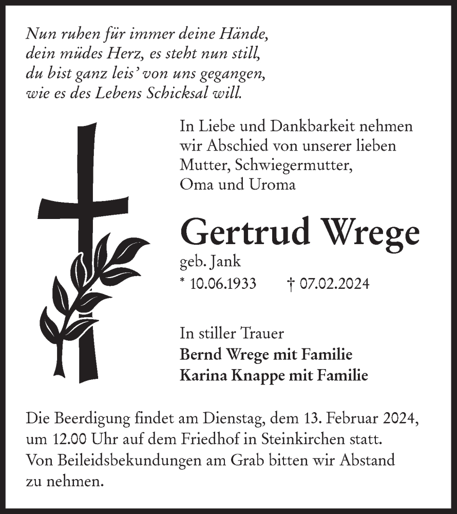 Traueranzeige für Gertrud Wrege vom 10.02.2024 aus Lausitzer Rundschau