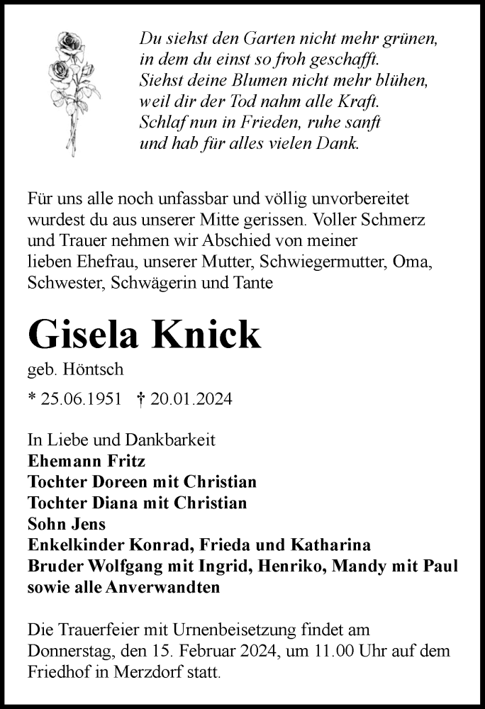  Traueranzeige für Gisela Knick vom 03.02.2024 aus Lausitzer Rundschau
