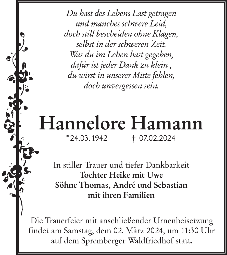  Traueranzeige für Hannelore Hamann vom 24.02.2024 aus Lausitzer Rundschau
