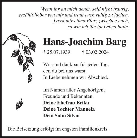 Traueranzeige von Hans-Joachim Barg von Lausitzer Rundschau