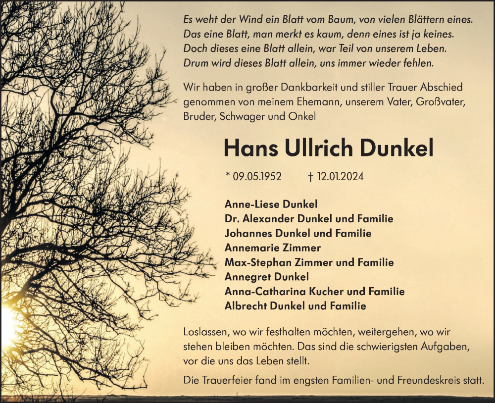  Traueranzeige für Hans Ullrich Dunkel vom 03.02.2024 aus Lausitzer Rundschau