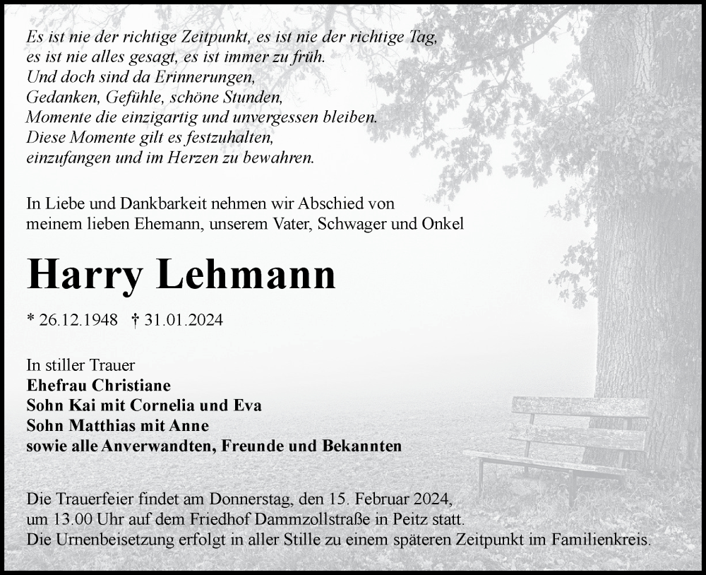  Traueranzeige für Harry Lehmann vom 10.02.2024 aus Lausitzer Rundschau