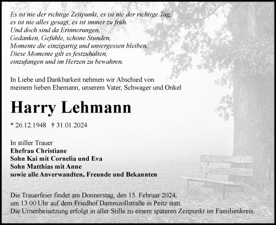Traueranzeige von Harry Lehmann von Lausitzer Rundschau