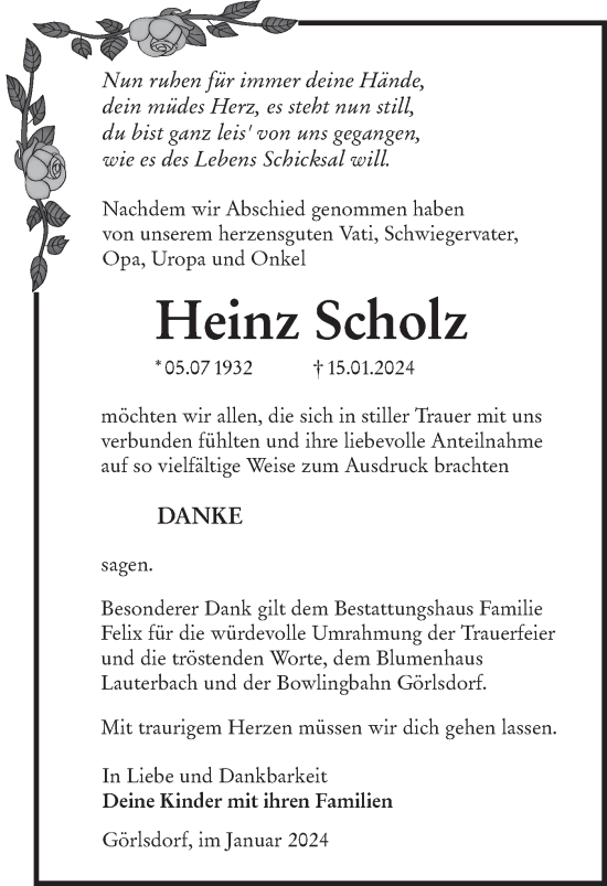 Traueranzeige von Heinz Scholz von Lausitzer Rundschau