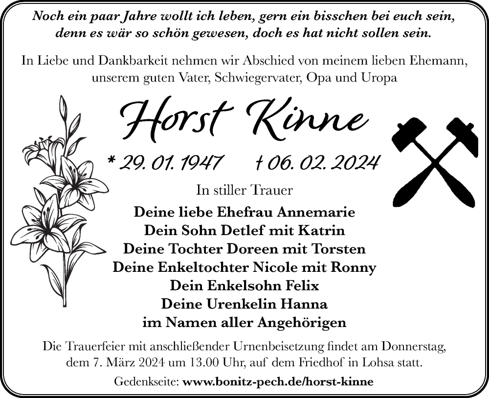  Traueranzeige für Horst Kinne vom 10.02.2024 aus Lausitzer Rundschau