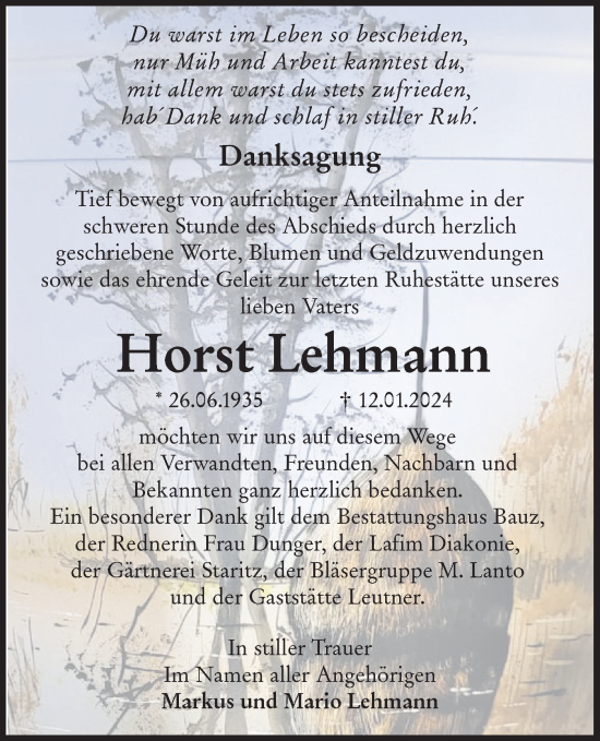 Traueranzeige von Horst Lehmann von Lausitzer Rundschau